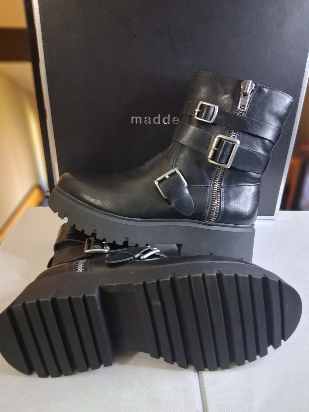 Madden Girl Black Lug Sole Combat Boots with Buckles